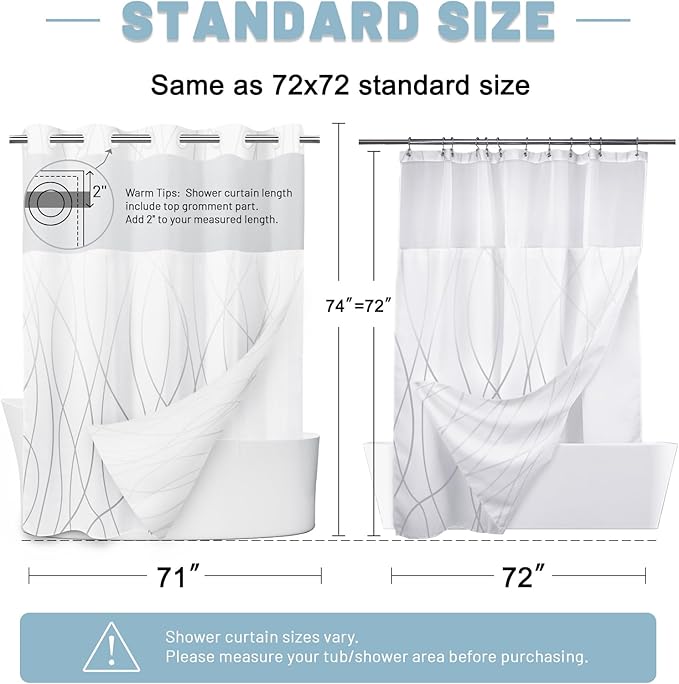No Hook Ombre Grey White Striped Shower Curtain with Snap in Liner Set - Hotel Shower Curtain and Liner Set with See Through Mesh Top Window,Machine Washable, 71x74 INCH