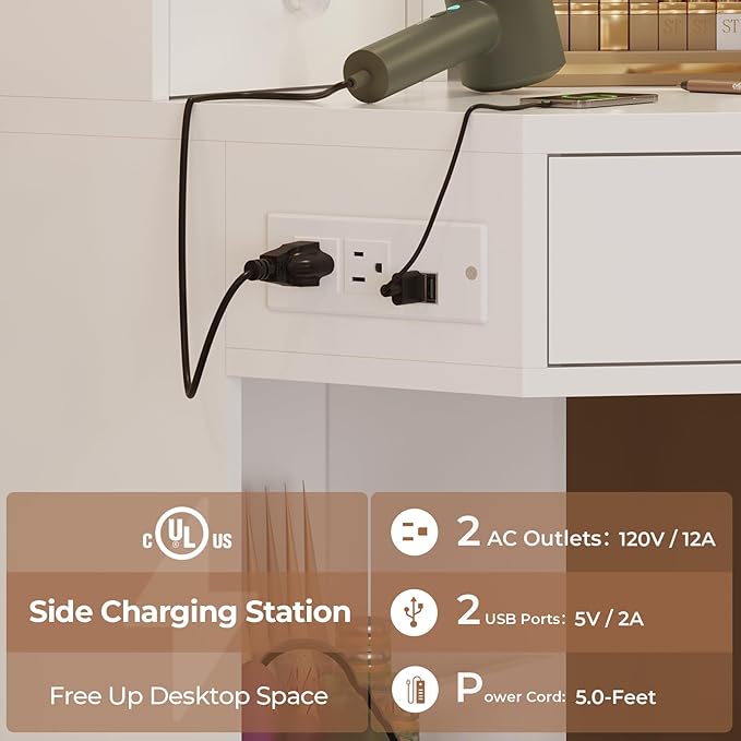 Vanity Desk with Mirror Lights, Storage Bench & Power Outlet, Corner Vanities with Rotating Cabinet & Drawers, 42.5" L Shaped Vanity Set, 3 Light Settings, for Women Girls, Modern White