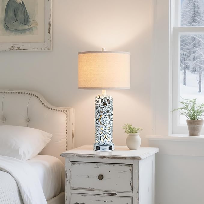 25'' Vintage Coastal Table Lamp Bedside Lamps Set of 2, Farmhouse Table Lamps with Dual USB Ports for Bedroom, Wash Blue Hollow Out Resin Lamp with Nightlight for End Table, 2 Bulbs Included