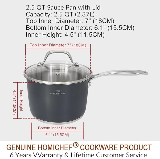 HOMICHEF Matte Polished NICKEL FREE Stainless Steel 2.5 QT Sauce Pan with Glass Lid (No Toxic Non Stick Coating) - Navy Gray Non Toxic Stainless Steel Induction Saucepan with Lid