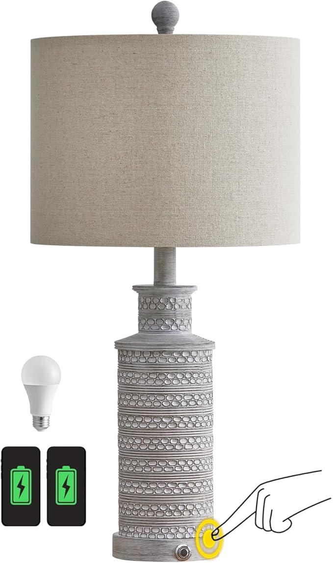 BOBOMOMO USB A+C 3-Way Dimmable Touch Control Table Lamp Set of 1 Vintage Rustic Farmhouse Traditional Nightstand Bedside Lamps(1 Bulb Included)