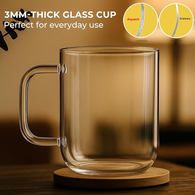 Aquach Glass Mugs 16 oz Set of 2, Large Clear Glass Cup with Handle for Hot/Cold Coffee Tea Beverage, Drinking Glasses