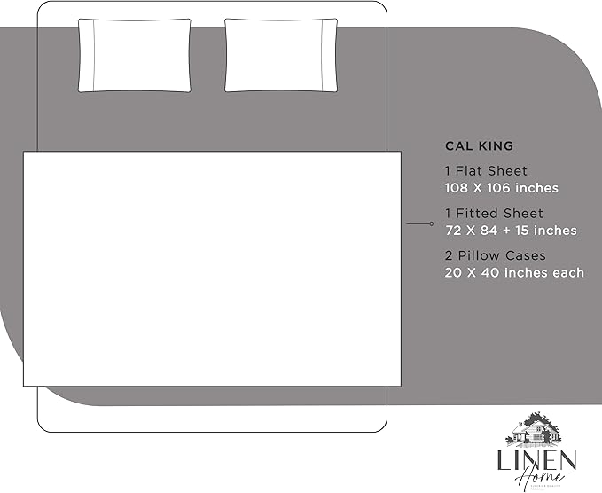 Linen Home 100% Cotton Percale Sheets California King Size, Charcoal, Deep Pocket, 4 Pieces Set - 1 Flat, 1 Deep Pocket Fitted Sheet and 2 Pillowcases, Crisp Cool and Strong Bed Linen