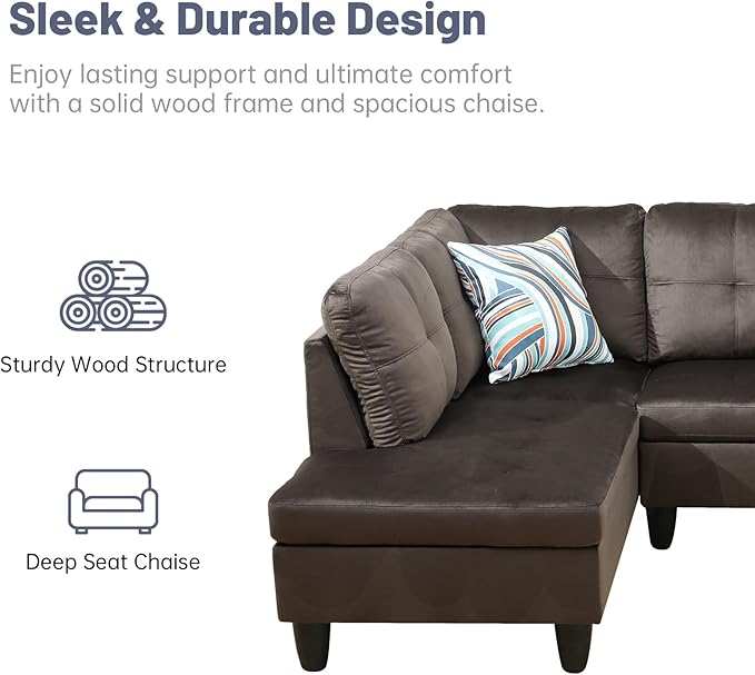 L-Shape 3-Piece Cloud Sofa, Couch for Living Room, Dark Brown Flannel Fabric L-Shape with Reversible Chaise & Storage Ottoman, Ergonomic 110–115° Recline, Solid-Wood Frame