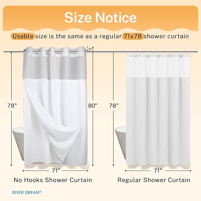 River Dream Heavyweight No Hooks Required Dotted Waffle Weave Shower Curtain with Snap in Liner - 71W x 80H,Hotel Grade,Spa Like Bath Curtain,White