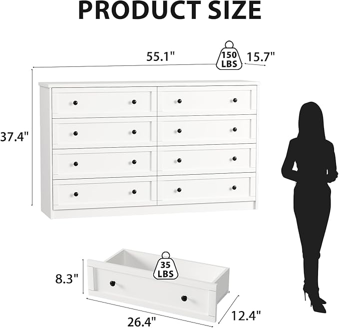 8 Drawer Large Dresser for Bedroom, 55.1" Wide White Dressers & Chests of Drawers with Large Capacity Storage,Dresser for Bedroom