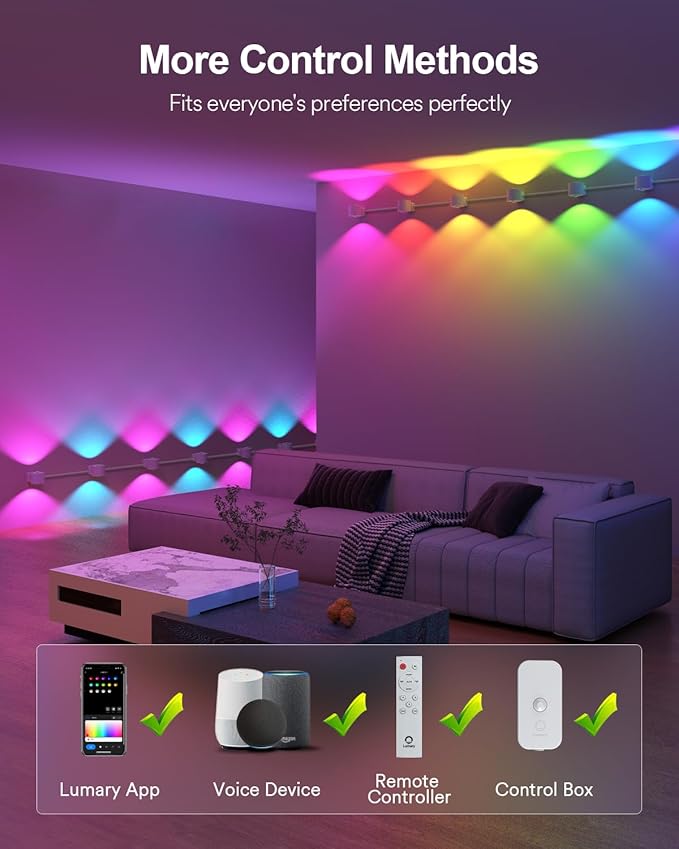 Lumary RGBAICW Smart Wall Sconces, Indoor Up Down Wall Lights 9.2ft with 7 LEDs Color Changing DIY Light Fixture for Bedroom, Living Room, Party, Home Decor, Compatible with Alexa/Google Assistant
