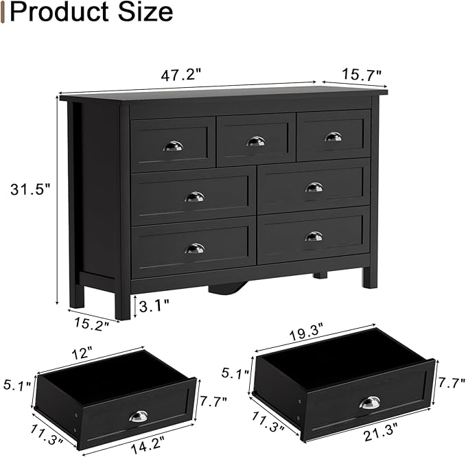 Black Dresser for Bedroom, Farmhouse 7 Drawer Double Dresser with Vintage Antique Handles, Modern Dressers and Chest of Drawers for Bedroom