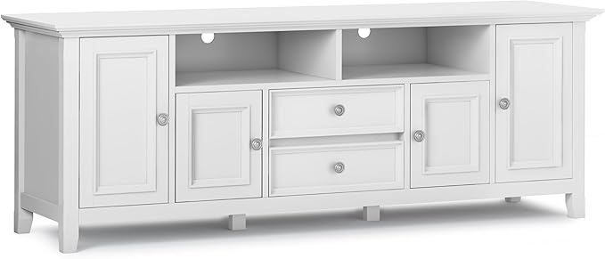 SIMPLIHOME Amherst 72-inch Wide Solid Wood TV Stand in White, Transitional-Style Media Console for Living Room with Cable Management and Adjustable Shelves, Fits 80" TVs