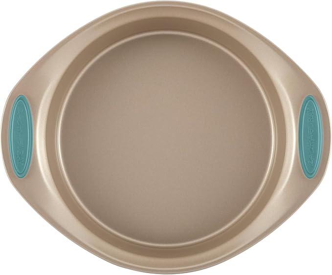 Rachael Ray Cucina Bakeware Set Includes Nonstick Bread Baking Cookie Sheet and Cake Pans, 5 Piece, Latte Brown with Agave Blue Grips