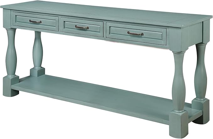 63inch Solid Wood Console Table with 3 Drawers and 1 Bottom Shelf Extra-Thick Sofa Table(Retro Blue)