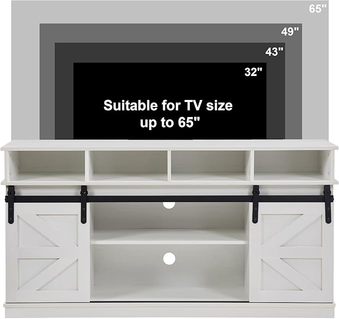 Softa 58" TV Stand, Modern & Farmhouse Wood Entertainment Center for TVs Up to 65", with Sliding Barn Door, Storage Cabinet Table, Adjustable Shelves (White)