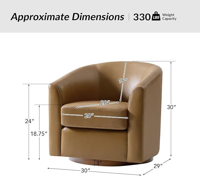HULALA HOME Genuine Leather Swivel Accent Chair with Solid Wood Base, Round Swivel Barrel Chair for Living Room and Bedroom, Camel