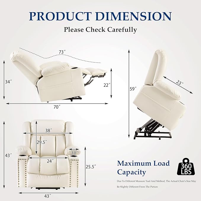 Large Power Lift Chair Recliner for Elderly with Heated and Massage, Overstuffed Adjustable Lift Chair, 3 Position, Breathable Leather, USB-A&USB-C, Cup Holder (Tall Man-7523, Beige)