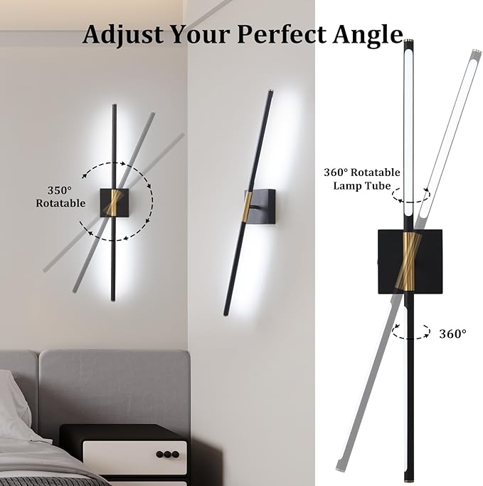 Battery Operated Wall Sconce Set of 2, 10400mAh Wireless Wall Sconces, 3000K-6000K Dimmable, 350°Rotate, Indoor Wall Lights with Remote for Bedroom Living Room Bathroom, Black Gold, 31.5 Inch