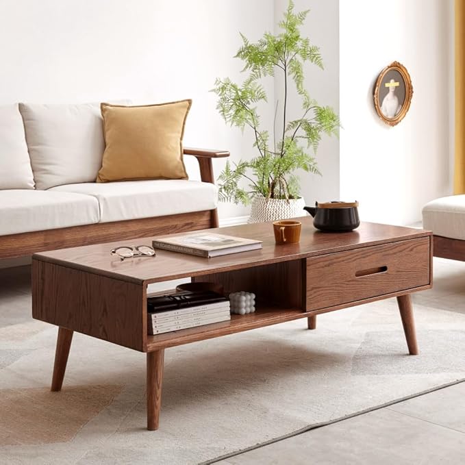 100% Solid Wood Coffee Table for Living Room, 47.24" W Oak Coffee Table with Storage Shelf and 2 Drawers, Mid-Century Modern Coffee Tables for Home (Oak Walnut Colour)