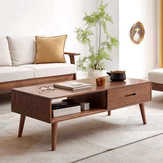 100% Solid Wood Coffee Table for Living Room, 47.24" W Oak Coffee Table with Storage Shelf and 2 Drawers, Mid-Century Modern Coffee Tables for Home (Oak Walnut Colour)