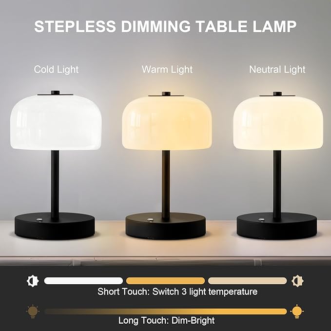 Oneach 2 Pack Cordless Table Lamps, 9" Portable Rechargeable Battery Powered Desk Lamp, Opal Glass Shade, 3 Level Brightness Dimmable, Mushroom Table Lamps for Bedroom, Living Room, Outdoor, Black