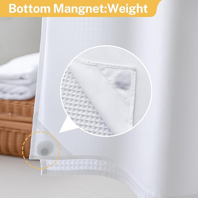 River Dream Extra-Long Waffle Weave Shower Curtain with Snap-in Liner,Cotton Blend Fabric Heavy Duty,No Hooks Needed Shower Curtain for Bathroom,Hotel Quality Shower Curtain Set,White,71x86 inches