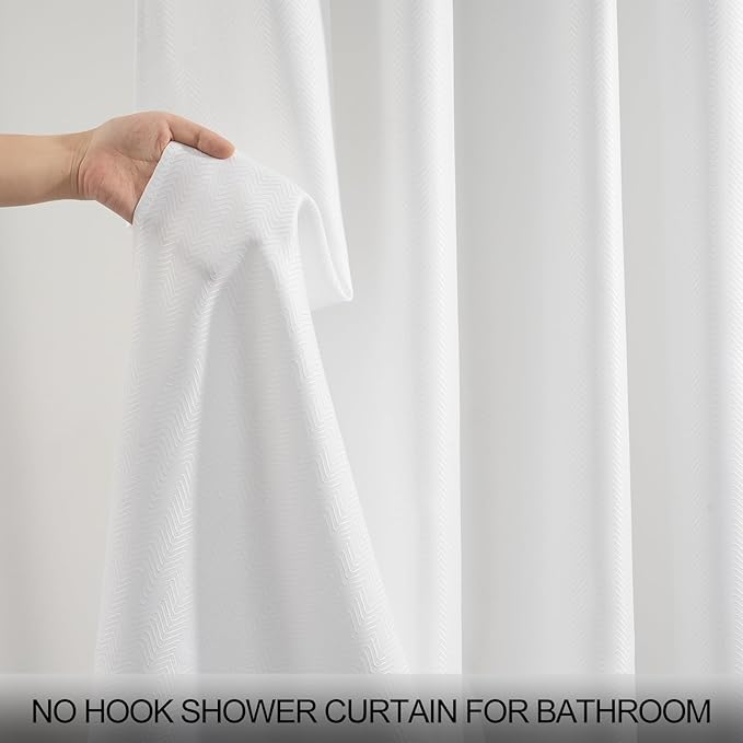 54x80 Inches, No Hook Shower Curtain with Snap in Fabric Liner Set, White Chevron Shower Curtain for Bathroom, Washable and Water Repellent, See Through Mesh Top Window
