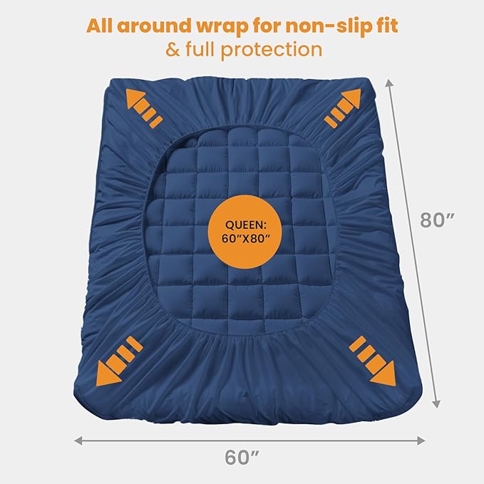 MATBEBY Queen Size Mattress Pad - Cooling Breathable Mattress Topper, Quilted Fitted Mattress Protector, Pillow Top Mattress Cover with 8-21" Deep Pocket, Machine Washable, Navy Blue, 60x80 Inches