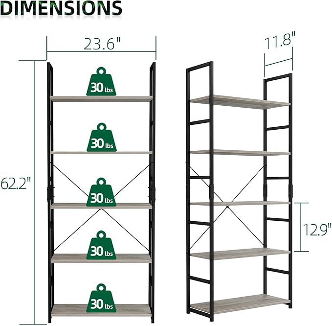 OTK 5 Tier Bookshelf, Tall Bookcase, Office Shelf Storage Organizer, Modern Book Shelf for Living Room, Bedroom, and Home Office, Grey