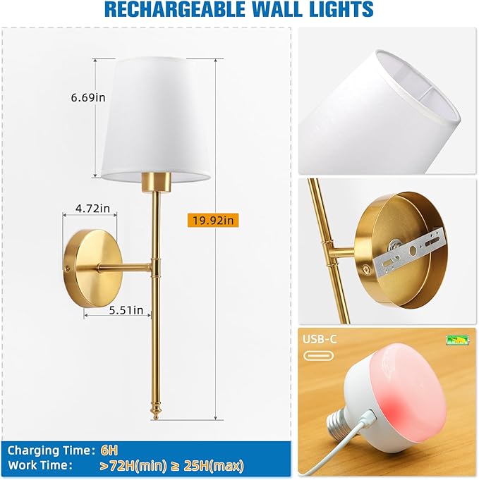 NIORSUN 19.9 inch Battery Operated Wall Sconce Set of 2,Gold Rechargeable Wall Lights with 5200mAh Dimmable Detachable Bulbs and Remote,10 Colors Wireless Sconces for Bedroom Living Room Hallway