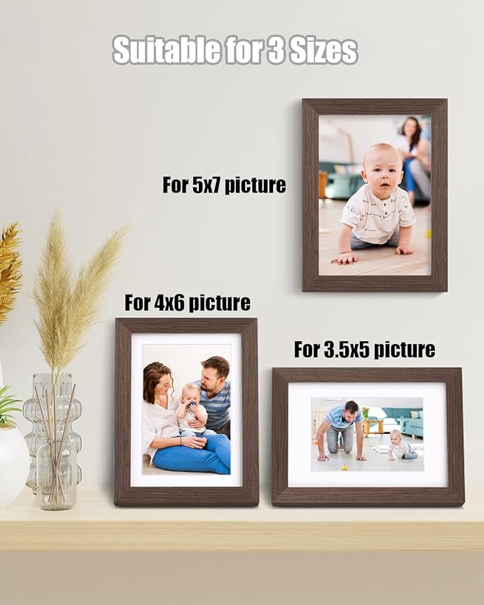Egofine 5x7 Picture Frame Made of Solid Wood with Plexiglass, Display Pictures 3.5x5/4x6 with Mat or 5x7 Without Mat for Tabletop and Wall Mounting, Rustic Brown