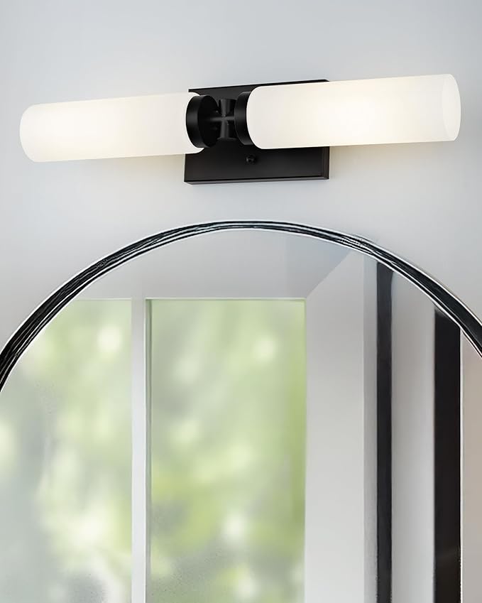 Emak Black Vanity Lights for Bathroom, Modern Farmhouse 2-Light Bathroom Light Fixtures Over Mirror with Milk Glass Shade, 21 Inch Cylinder Wall Sconces, VL086-BK-ML-2