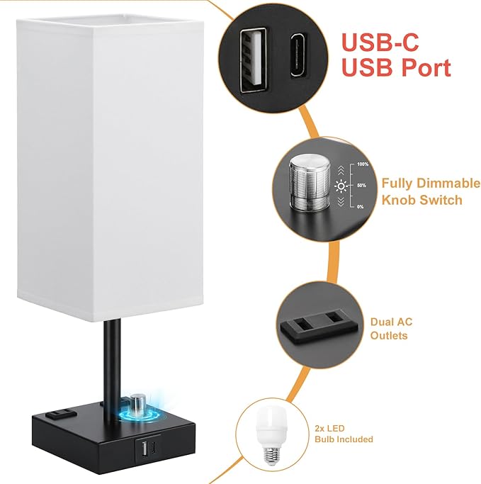 White Fully Dimmable Nightstand Lamps Set of 2 - Table Bedside Lamp with USB C+A Charging Ports & 2 AC Outlets, Square Lamp Sets Linen Fabric Shade for Bedroom Living Room(Bulb Included)