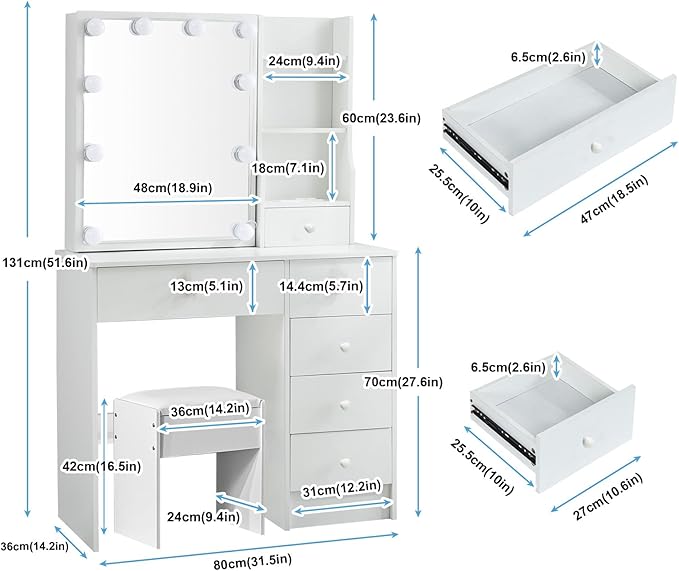 Small Vanity with Mirror and Lights,Vanity Table with 6 Drawers 6 Storage Shelves & 10 LED Bulbs Slide Mirror for Bedroom,White,31.5" L*14.2" W*51.2" H