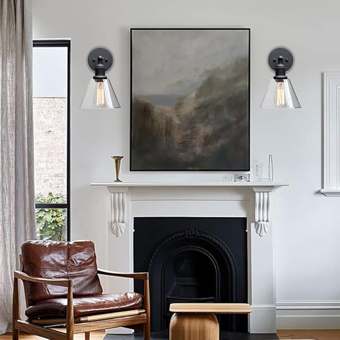 Yosoan Indoor Wall Sconce Fixture Light, 1-Light Modern Single Brass Vintage Industrial Hardwired with Funnel Flared Clear Glass Shade Lamp for Bathroom Sink Porch Kitchen Living Room(Black)