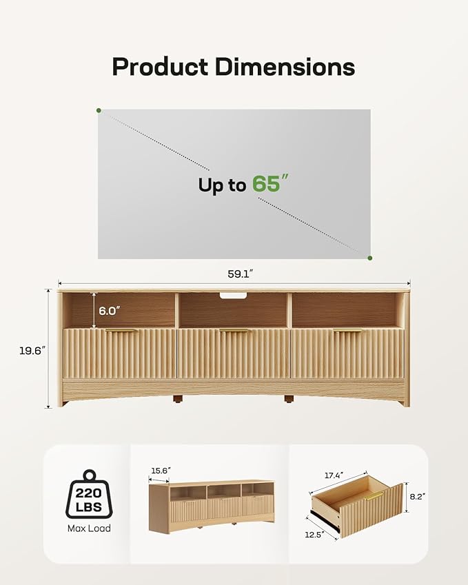 Marsail 59″ Wide TV Stand for TVs Up to 65″, Modern Entertainment Center with Fluted Panels, 3 Easy-Sliding Drawers, Open Shelves & Cable Hole, 3-Tier TV Stands for Living Room & Bedroom, Natural Oak