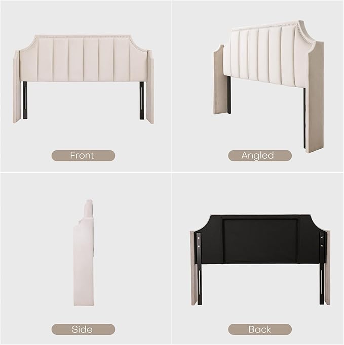 Lucky Monet Luxurious Headboard Only Queen Size with Wingback, Velvet Upholstered Tufted Headboard with Nailhead Decor for Bed, Adjustable Height Curved Head Board Vertical Channel Design (Beige)