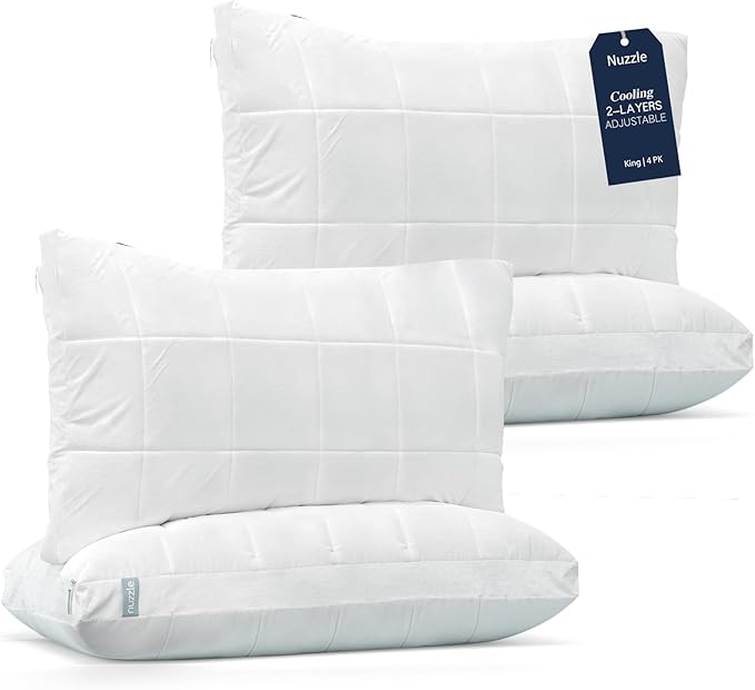 Nuzzle Cooling Adjustable Pillows for Side Sleepers, Luxury King Size Set of 4 Bed Pillows Hotel Collection - Best Adjust Height Soft Firm Pillows for Back, Stomach and Side Sleepers