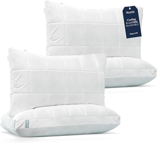 Nuzzle Cooling Adjustable Pillows for Side Sleepers, Luxury King Size Set of 4 Bed Pillows Hotel Collection - Best Adjust Height Soft Firm Pillows for Back, Stomach and Side Sleepers
