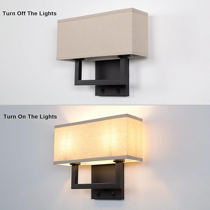 Yosoan Linen Fabric Boho Wall Sconce Bedside Light with On Off Switch, 2-Light Finished Hardwired Vintage Industrial Dual Wall Mount Lamp Lighting Square Shade for Bedroom Living Room Stairwell(Black)