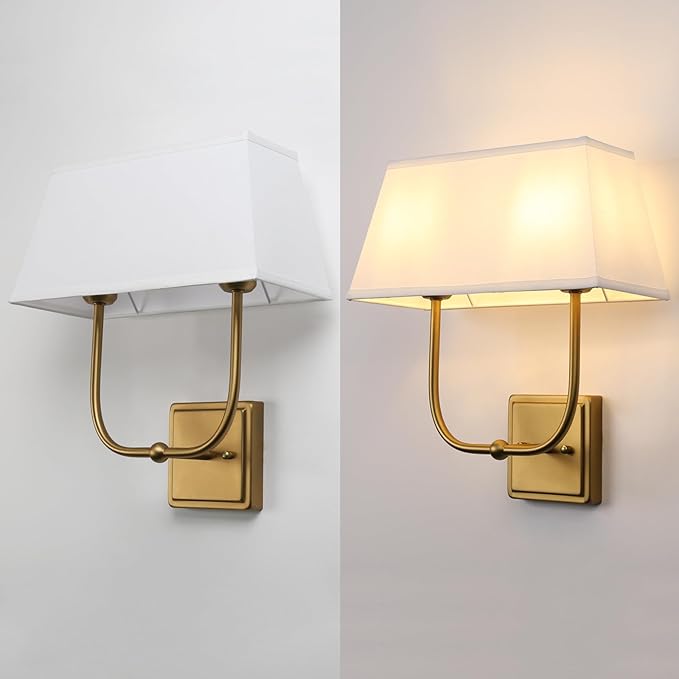 Vintage 2-Lights Wall Sconces with White Fabric Lampshade, Double Head Bathroom Vanity Lights Fixture in Antique Brass, Indoor Wall Lamps for Bedroom Living Room Hallway Stairway