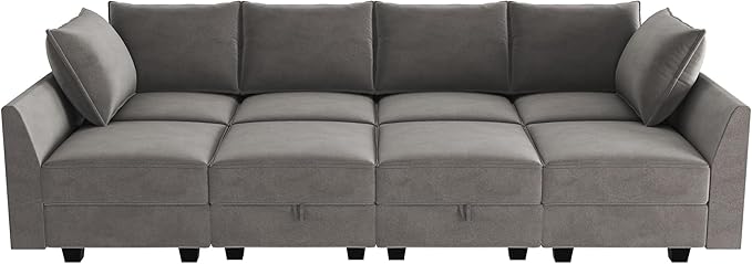 HONBAY Modular Sectional Sleeper Sofa Velvet Sleeper Couch with Storage Seats Oversized Sectional for Living Room,Grey