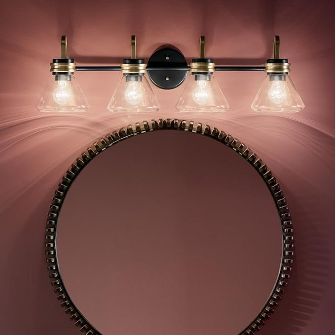 Kichler Farum 34" 4-Light Vanity Light with Clear Glass in Black, for Single or Double Vanity, Over a Mirror, Powder Room, Bathroom, (34" W x 9.5" H), 55156BKCLR