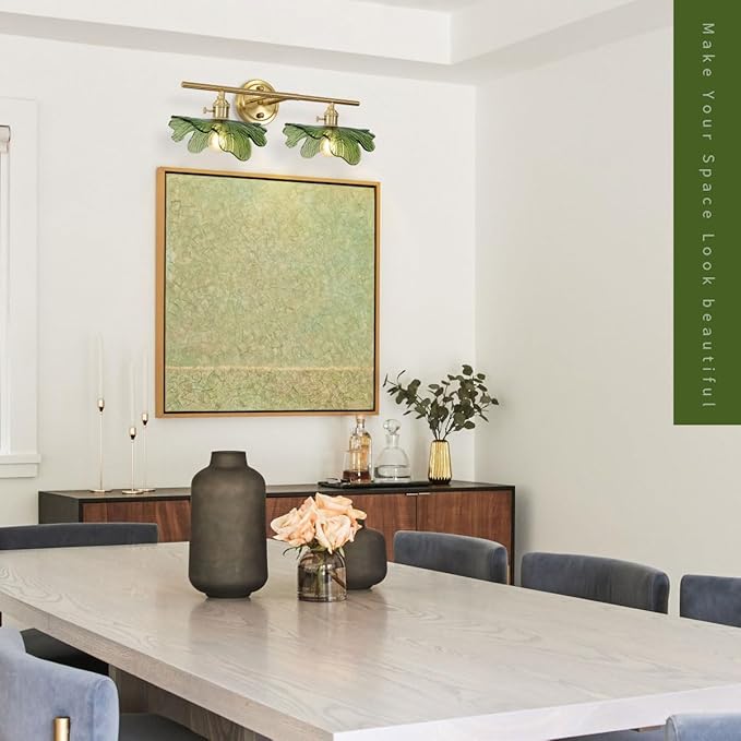 2 Light Bathroom Vanity Lights Over Mirror, Gold Wall sconces with Green Glass Shade Bathroom Sconce mid Century Wall Sconce Light Vintage Wall Lighting Fixture for Bedside Bedroom Doorway