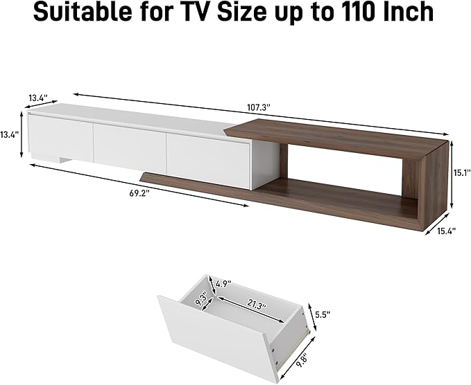 Extendable TV Stand with 3 Drawers, Modern Minimalist Entertainment Center, Reversible Long TV Media Console, Bevel Design, 82-107.3 Inch, White & Walnut