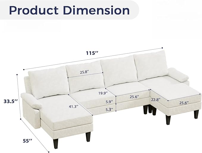 115 Inch U Shaped Sectional Couch with Chaise, 5-Seat Sofa with Moveable Ottoman, Modern Modular Sofa for Living Room, Apartment, Off-White