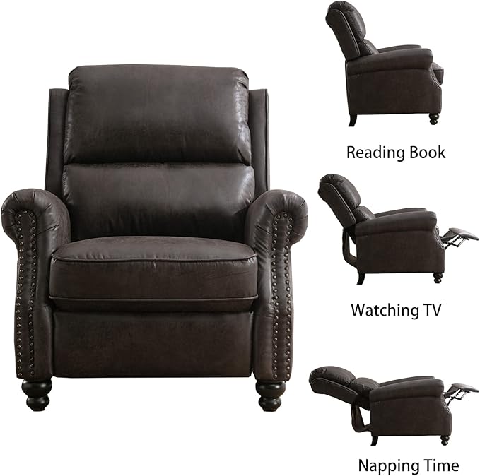 CANMOV Pushback Recliner Chair Faux Leather Armchair Push Back Recliner with Rivet Decoration Single Sofa Accent Chair for Living Room, Dark Grey