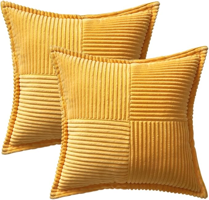 MIULEE Golden Yellow Corduroy Pillow Covers 18x18 Inch with Splicing Set of 2 Soft Boho Striped Pillow Covers Broadside Decorative Textured Summer Pillowcases for Couch Cushion Bed Livingroom