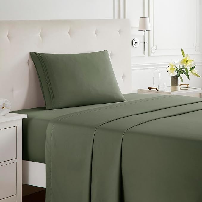 Clara Clark Bed Sheets, Premier 1800 Series Bed Sheet Set, Deep Pocket, Wrinkle, Fade, Stain Resistant, Luxury Soft Bedding Sheets & Pillowcases, Twin, Olive Green