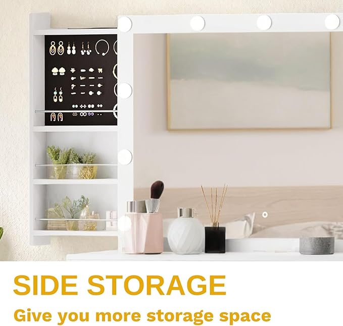 DWVO Vanity Table Set with Lighted Mirror and Stool, Makeup Desk with Power Outlets and 4 Drawers, Stylish Dressing Table