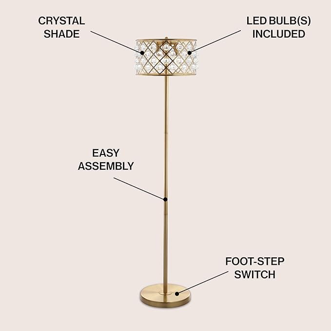 JONATHAN Y JYL9000A Elizabeth 60" Crystal/Metal LED Floor Lamp, Contemporary, Transitional, Elegant, Geometric, Office, Living Room, Family Room, Dining Room, Bedroom, Hallway, Foyer, Brass Gold/Clear