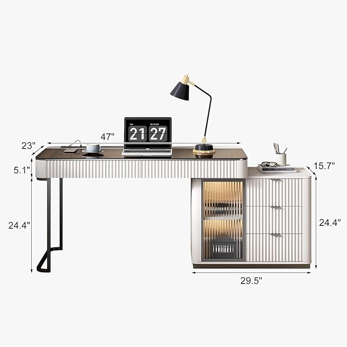 Lartis Office Desk, Very Easy to Assemble, Computer Desk, Home Telescopic Writing Desk, Modern Computer Desk with Retractable Cabinet Built-in LED Lights (Ivory, 47 in)