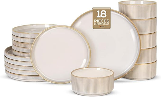 Romswi Ceramic 18Pcs Dinnerware Sets,Stoneware Plates and Bowls Set for 6, Chip & Scratch Resistant Ribbed Dish Set, Handmade Reactive Glaze, Oven, Microwave & Dishwasher Safe, Cappuccino White